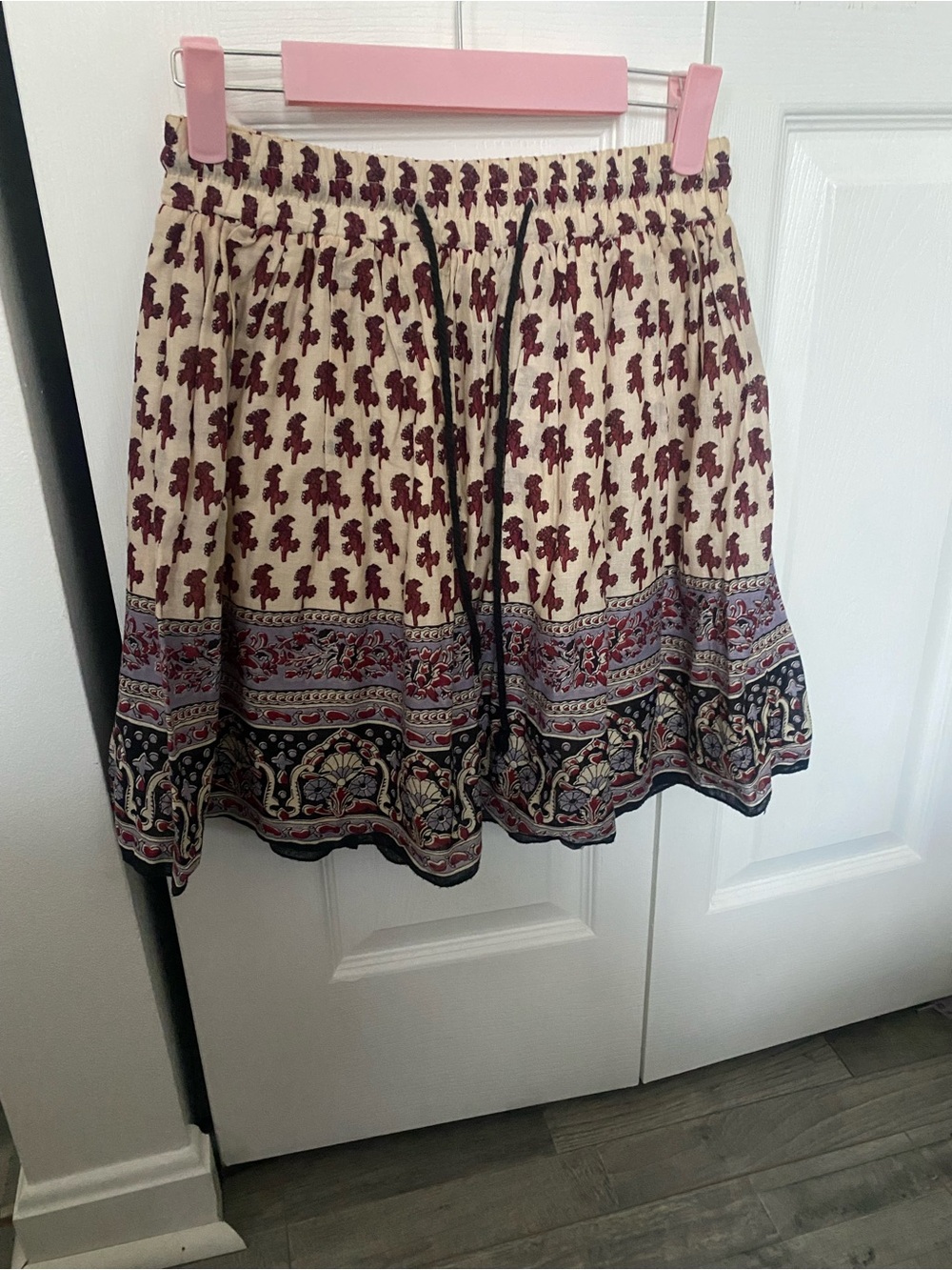 Xhilaration Cream and Burgundy Printed Boho Mini Skirt with Black Trim